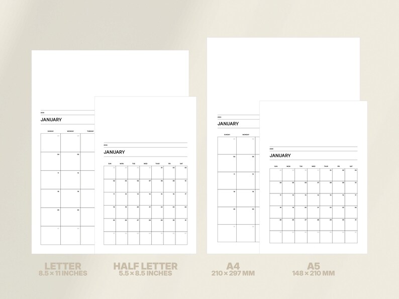 2026 Monatskalender zum Ausdrucken — Minimale Seiten zum Ausdrucken PDF