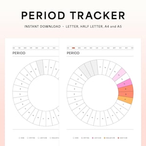 Può includere: Due grafici di tracciamento del ciclo mestruale stampabili con un cerchio diviso in 30 sezioni. Il grafico a sinistra è vuoto, mentre il grafico a destra è codificato a colori per indicare i diversi livelli di flusso: nessuno, spotting, flusso leggero, flusso moderato e flusso abbondante.
