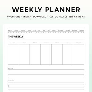 Planificador semanal imprimible, resumen semanal minimalista, semana sencilla con listas de tareas y prioridades principales: tamaño carta, media carta, A4 y A5