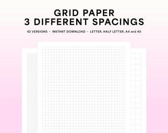 Printable Grid Paper with 3 Different Spacings, Grid Notebook Paper, Printable Note Paper — Letter, Half Letter, A4 and A5
