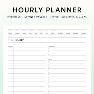 Planificador horario imprimible, horario minimalista con prioridades principales y listas de tareas: tamaño carta, media carta, A4 y A5