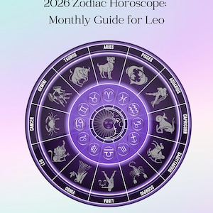 May include: A purple and white graphic with the text "2026 Zodiac Horoscope: Monthly Guide for Leo." The image features a circular zodiac chart with astrological symbols and the text "Thrive with Adele."