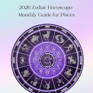 May include: A purple and white graphic featuring a zodiac wheel with astrological symbols and the text "2026 Zodiac Horoscope: Monthly Guide for Pisces." The image includes the text "Thrive with Adele."