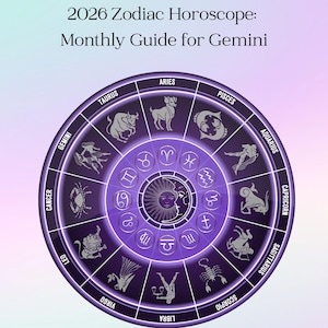 Op de afbeelding: Een paarse en witte afbeelding met de tekst "2026 Zodiac Horoscope: Monthly Guide for Gemini". De afbeelding toont een cirkelvormige dierenriemkaart met astrologische symbolen en de woorden "Thrive with Adele".