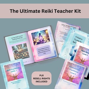 Peut inclure: Un ensemble de guides numériques colorés pour les praticiens de Reiki, comprenant les niveaux 1, 2 et 3, un guide sur les cristaux pour le Reiki et un défi de guérison par les cristaux de Reiki de 14 jours. Le texte "PLR Resell Rights Included" est également visible.