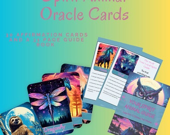 May include: A set of 30 affirmation cards with a 31-page guide book. The cards feature colorful illustrations of animals, including a dragonfly, a sloth, a horse, a wolf, and an owl. The guide book has a purple cover with a colorful illustration of an owl.