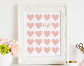 Gold Heart Love Print Art, Nursery Digital Printable Decor Wall Artwork, Office Decor Art Print Pink Gold Frame Baby Shower Gift Glitter