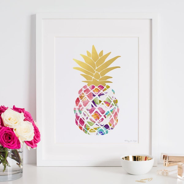 Pineapple Decor, Pineapple Print, Floral Pineapple, Watercolor Pineapple, Home Decor Wall Art, Instant Download, Pink Gold Decor, Nursery