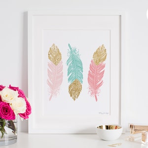 Feather Art Nursery Decor, Home Decor Wall Art Printable Digital Pink Mint Gold Glitter, Tribal Nursery Baby Shower Gift, Kids Room Decor image 1