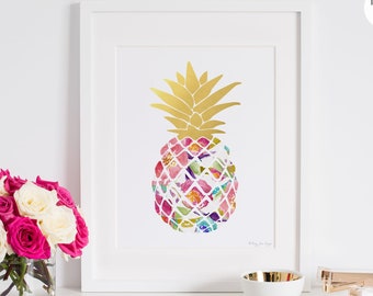 Pineapple Decor, Pineapple Print, Floral Pineapple, Watercolor Pineapple, Home Decor Wall Art, Instant Download, Pink Gold Decor, Nursery