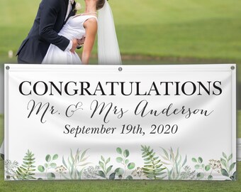 Custom Congratulations Greenery Wedding Banner, Outdoor Vinyl Backdrop Sign