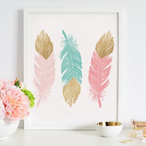 Feather Art Nursery Decor, Home Decor Wall Art Printable Digital Pink Mint Gold Glitter, Tribal Nursery Baby Shower Gift, Kids Room Decor image 5