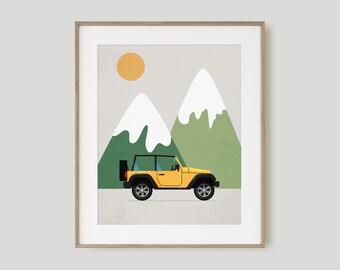 Yellow Jeep and Mountains Digital Design - Kids Wall Art Print - Instant Download