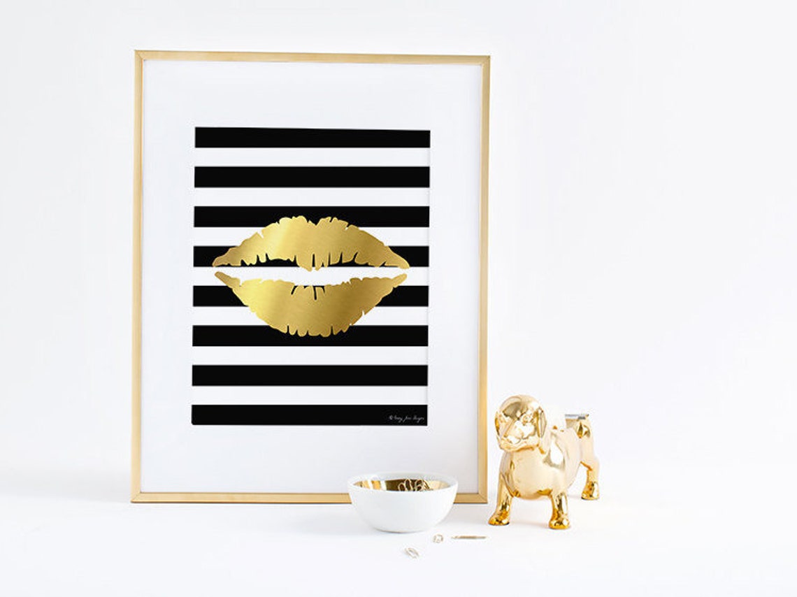Lips Print Fashion Print Gold Lips Wall Art Home Office Decor Etsy