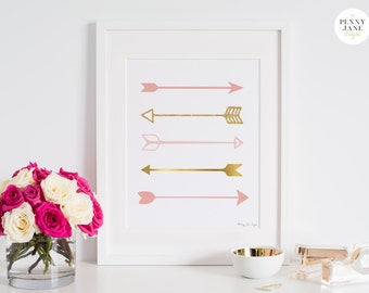 Pink and Gold Arrows Art Print, Arrow Print, Arrow Decor, Digital Art, Gold and Pink Nursery Art, Arrows Art Print, Tribal Arrows Art Print