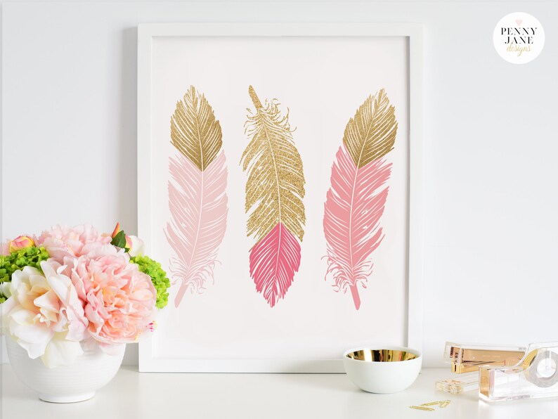 Pink and Gold Feathers Art Print Love Arrows Wall Art Love
