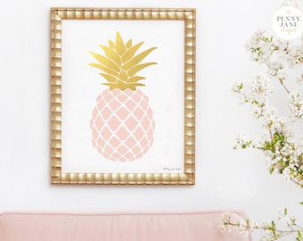 Pineapple Print, Pineapple Art, Pink Quartz and Gold Pineapple Decor Wall Art Printable Digital Art Office Decor, Summer Art, Office Decor