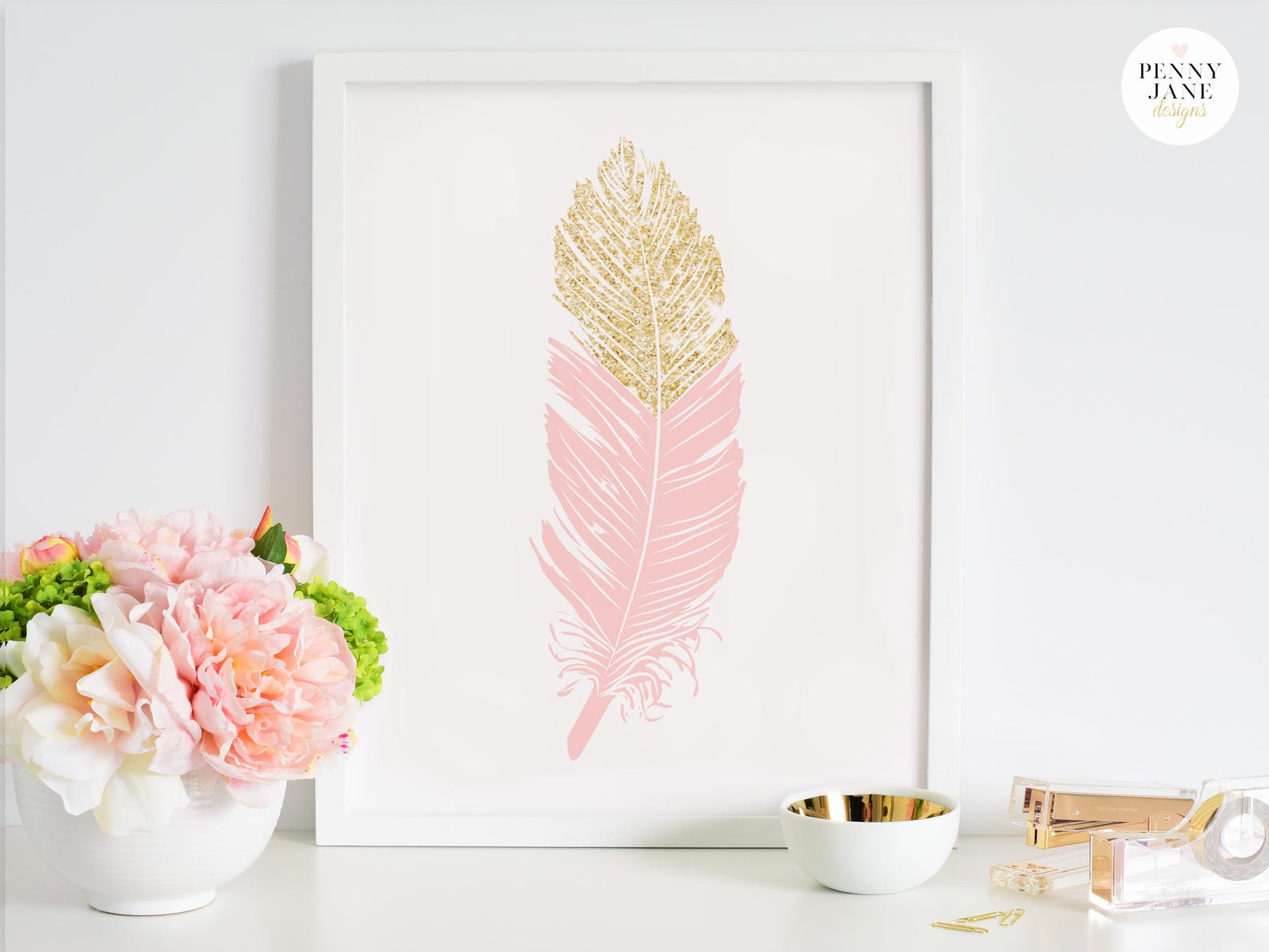 Pink Nursery Decor Pink Feather Print Gold Glitter Feathers Etsy