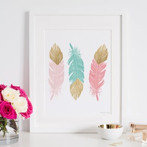 Feather Art Nursery Decor, Home Decor Wall Art Printable Digital Pink Mint Gold Glitter, Tribal Nursery Baby Shower Gift, Kids Room Decor image 10