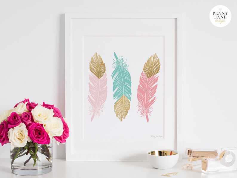 Feather Art Nursery Decor, Home Decor Wall Art Printable Digital Pink Mint Gold Glitter, Tribal Nursery Baby Shower Gift, Kids Room Decor image 10