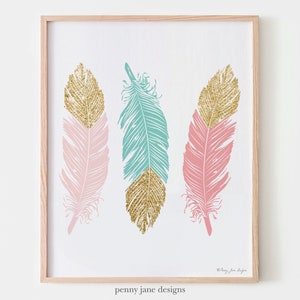 Feather Art Nursery Decor, Home Decor Wall Art Printable Digital Pink Mint Gold Glitter, Tribal Nursery Baby Shower Gift, Kids Room Decor image 7