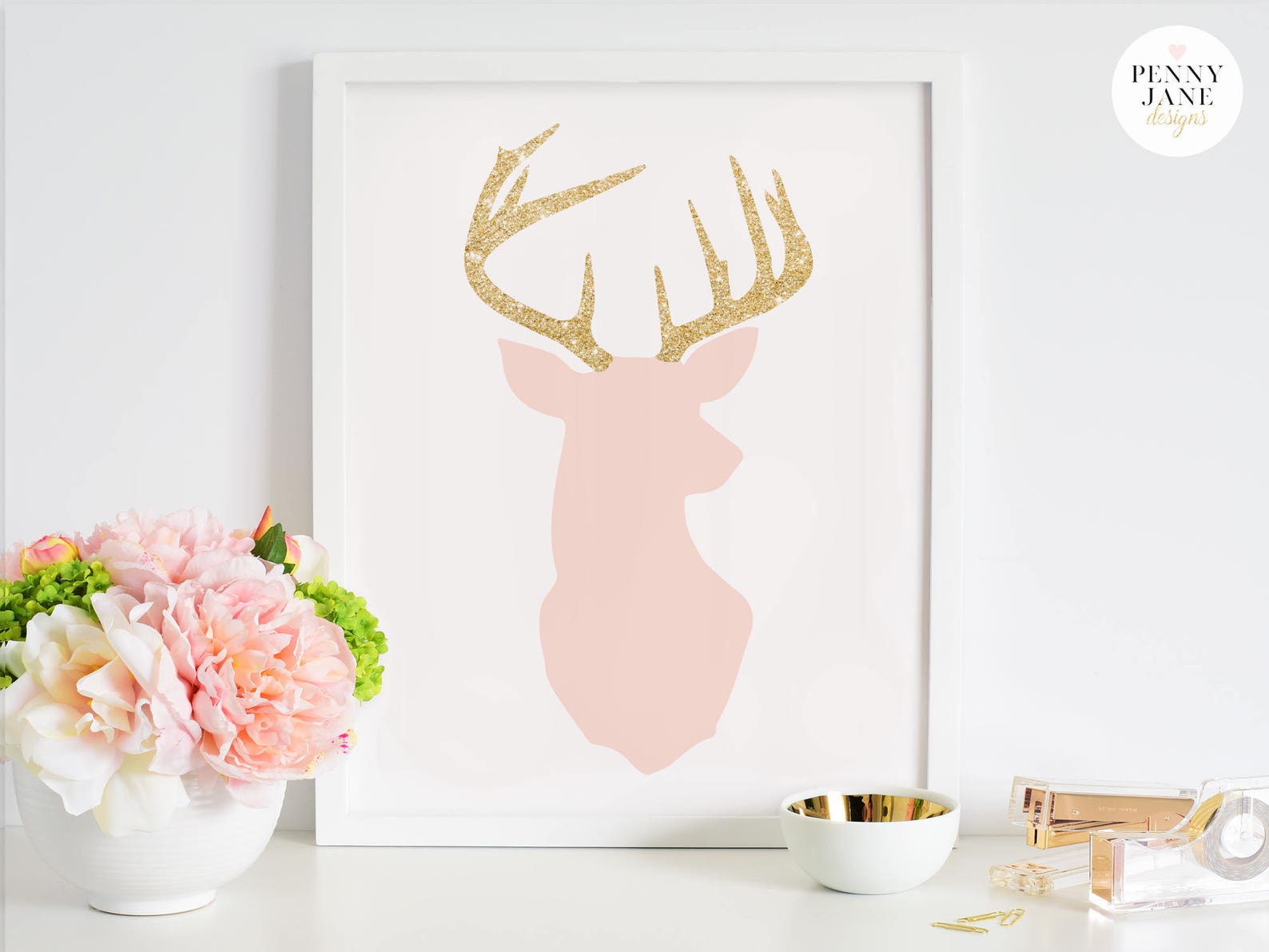 Deer Print Pink and Gold Glitter Deer Head Art Print Home Etsy