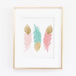 Feather Art Nursery Decor, Home Decor Wall Art Printable Digital Pink Mint Gold Glitter, Tribal Nursery Baby Shower Gift, Kids Room Decor image 8