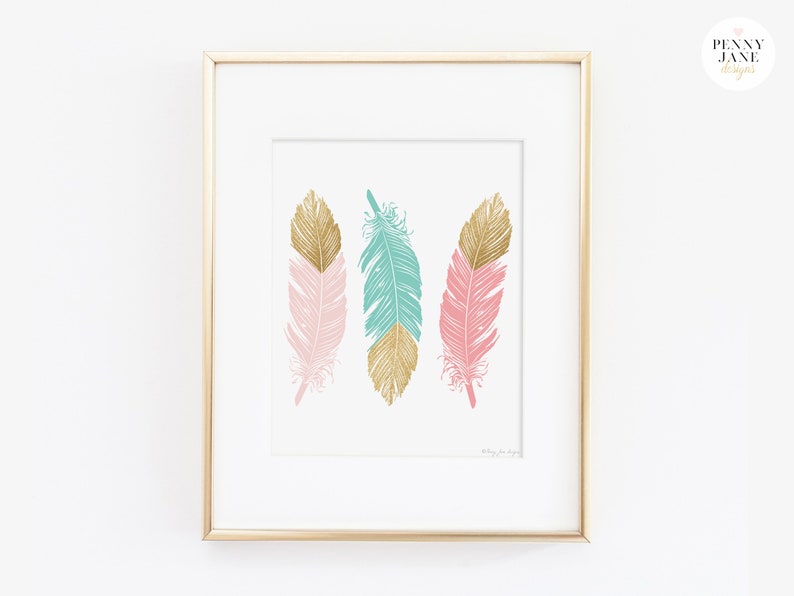 Feather Art Nursery Decor, Home Decor Wall Art Printable Digital Pink Mint Gold Glitter, Tribal Nursery Baby Shower Gift, Kids Room Decor image 8