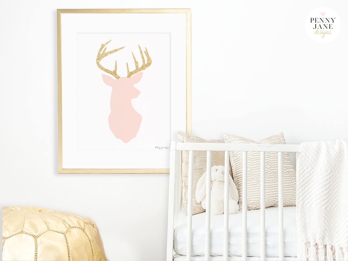 Deer Print Pink and Gold Glitter Deer Head Art Print Home Etsy