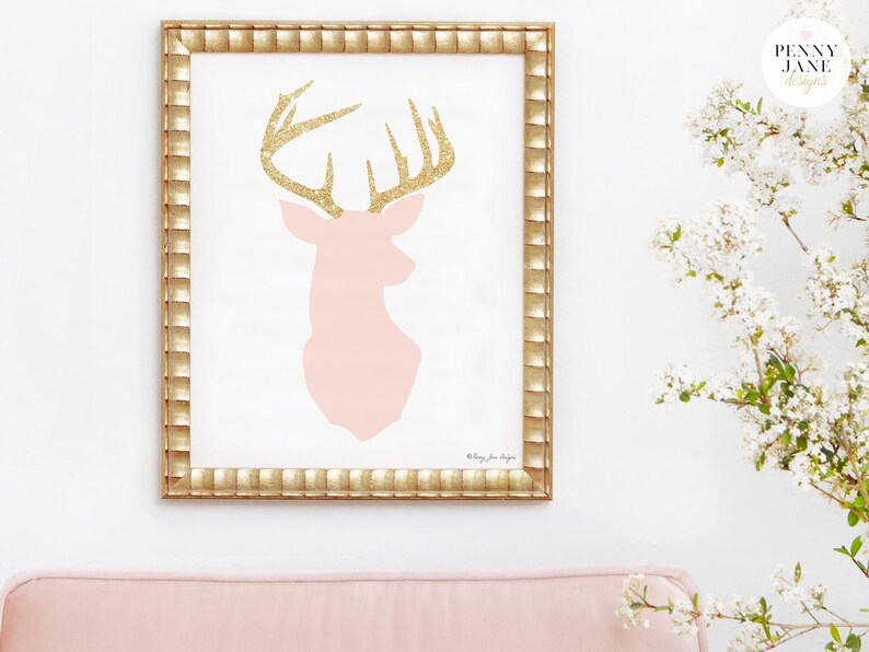Deer Print Pink and Gold Glitter Deer Head Art Print Home Etsy