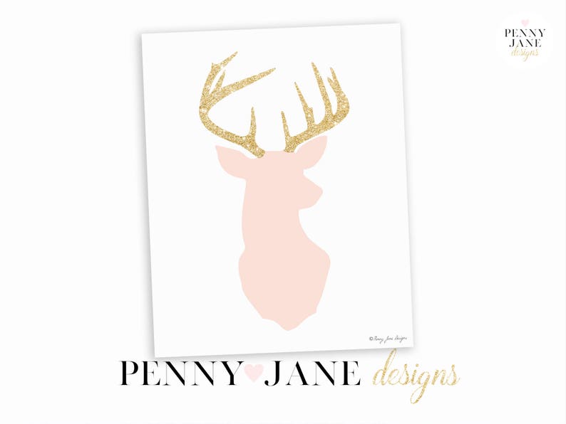 Deer Print Pink and Gold Glitter Deer Head Art Print Home Etsy