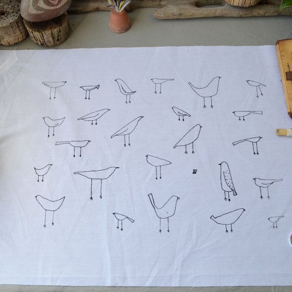 Craft fabric - Embroidery Patchwork designs - Hand Screen printed design 100% cotton  - Artist bird drawings