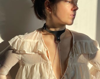 Handcrafted Black Leather Choker: Gothic Chain Collar Necklace
