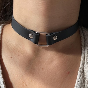 Black leather choker with a square-shaped insert, minimalist everyday necklace for women