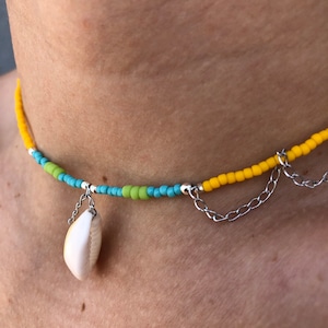 Multicolor glass bead necklace with shell pendant, handmade boho jewelry