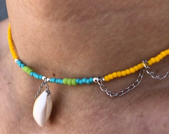 Multicolor glass bead necklace with shell pendant, handmade boho jewelry