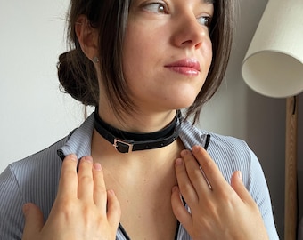 Black leather choker with a metal clasp, minimalist everyday necklace for women