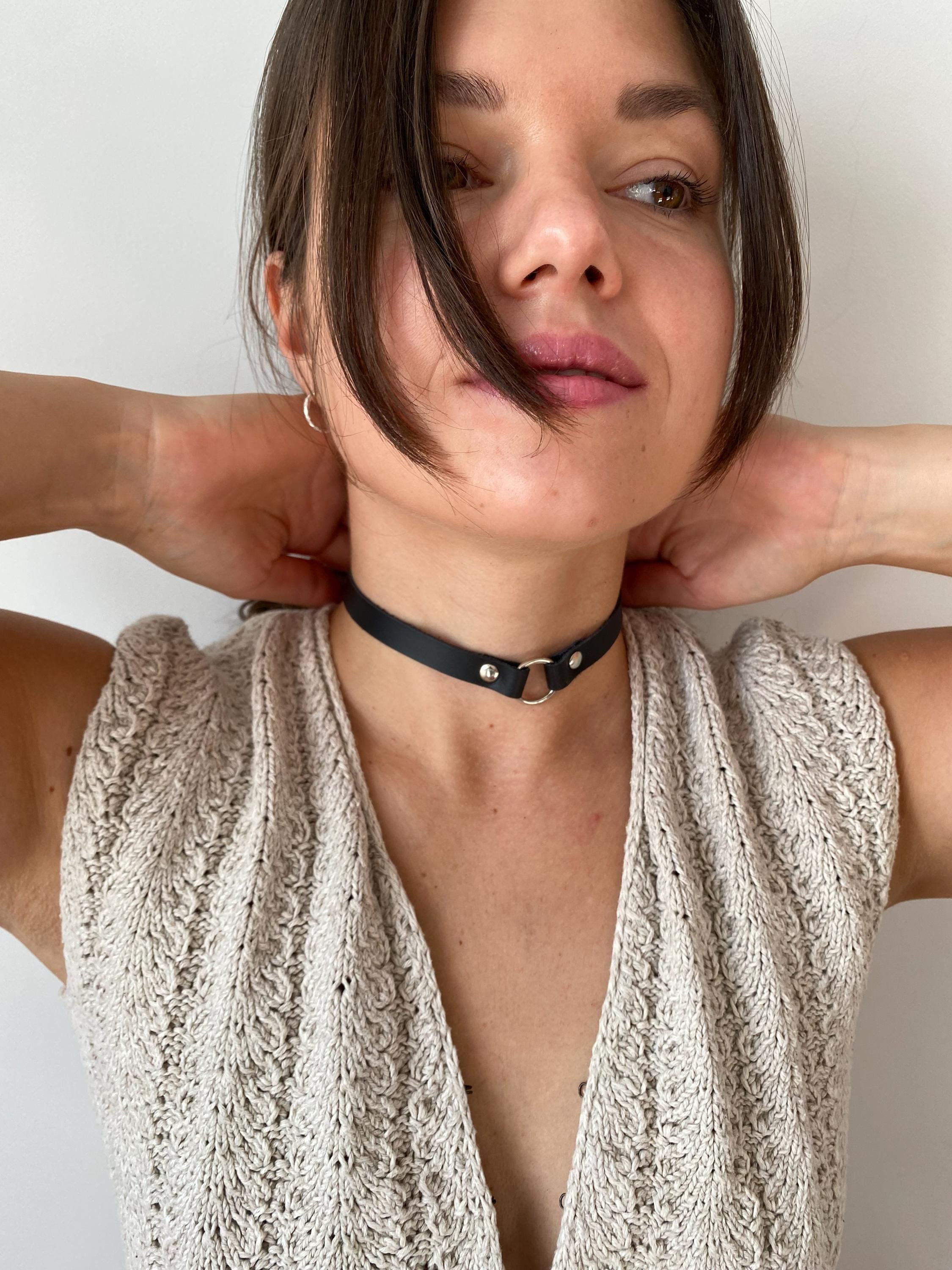 Leather choker necklace with mini ring, minimalist jewelry