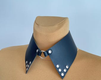 Gargantilha de couro legítimo preta com tachas e anel de vedação — acessório de pescoço ajustável punk/gótico