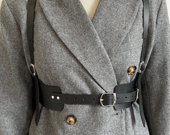 Black genuine leather chest harness belt, adjustable gothic body accessory