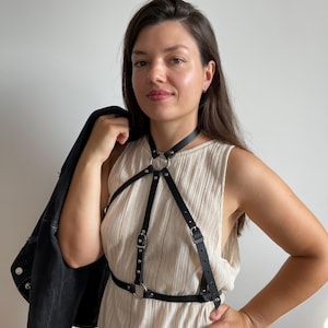 Black leather chest harness belt with neck and waist rings for women – genuine leather adjustable body accessory for casual and streetwear