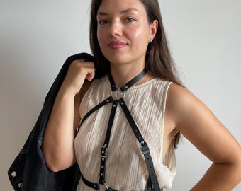 Black genuine leather chest harness belt with rings for neck and waist, adjustable accessory