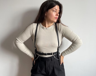 Black genuine leather waist harness belt with chain detail, versatile accessory