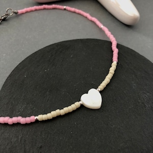Handmade Beaded Necklace: Mother-of-Pearl Heart, Surgical Steel