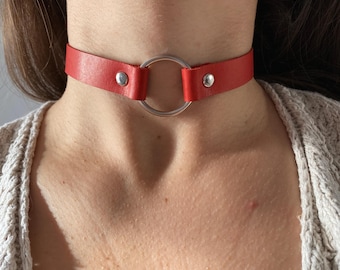 Red leather choker with a ring, minimalist everyday necklace for women