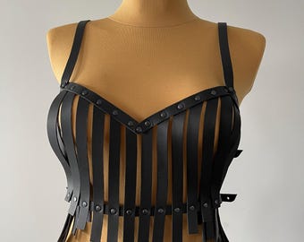 Black leather harness crop top for women — festival, gothic, punk body accessory