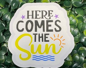 Here comes the sun vinyl sticker beach coastal ocean sunshine starfish waves laptop water bottle gift for