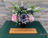 Vintage Rose, Grave Pot Artificial Flowers Tribute Funeral Lasting Memorial Artificial Floral Tributes Lilac Gerbera Pink Rose