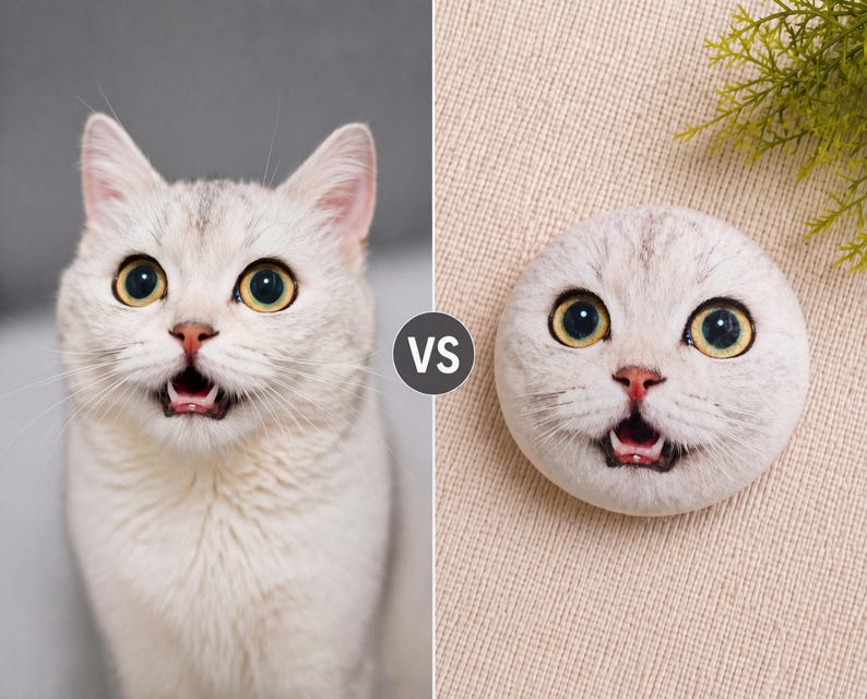 Puede incluir: Imagen comparativa que muestra un gato plateado real y una cara de gato pintada en una piedra. El gato tiene grandes ojos amarillos, una nariz rosada y la boca abierta. La cara de gato de piedra es redonda y est&aacute; pintada con detalles similares.