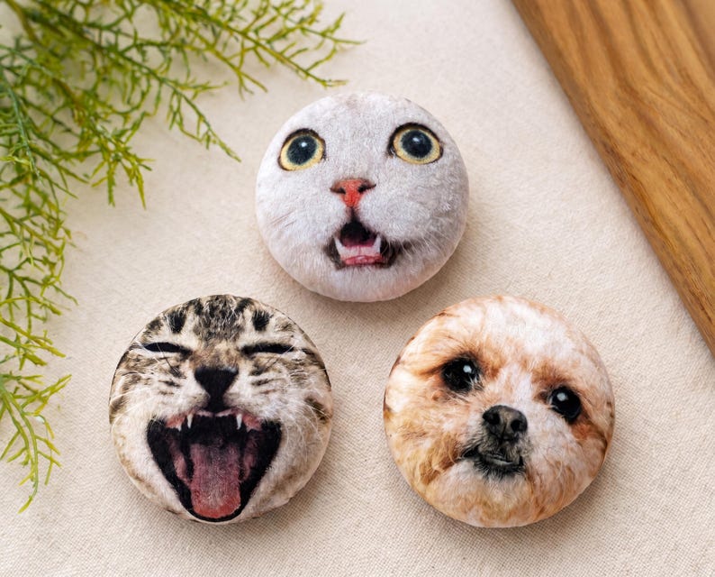 Puede incluir: Tres piedras decorativas redondas con caras de animales. Una piedra presenta un gato blanco con la boca abierta, otra un gato atigrado con la boca abierta y la tercera un perro peque&ntilde;o con pelaje marr&oacute;n y blanco.